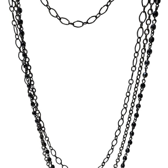 Elegant Black Multi Strand Layered Necklace Chain Beaded Details Fashion Jewelry - Picture 2 of 6